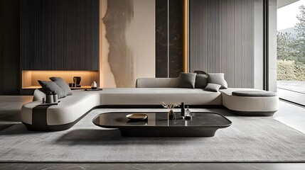 1. A modern living room with a sleek coffee table and a blank space for a product