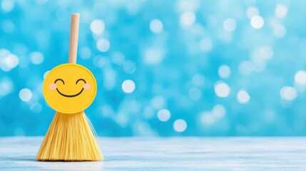 Sticker - A cheerful yellow broomstick character, grinning widely against a blurry backdrop, adding a playful touch to any scene.