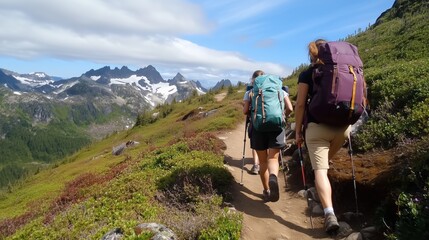 Canvas Print - Hikers exploring a scenic mountain trail surrounded by lush greenery and snow-capped peaks on a sunny day