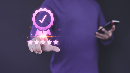 Fototapete - Person interacts with a digital five-star rating interface, symbolizing high-quality service. A checkmark badge emphasizes quality assurance, reflecting user satisfaction and trust in online platform.