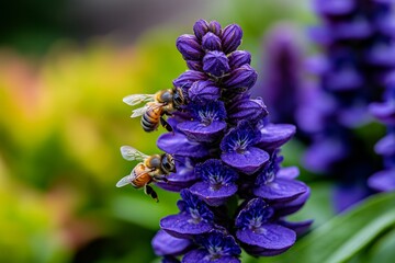 a wild patch of ajuga reptans blooming freely, with bees buzzing among the flowers