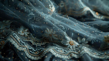 Delicate Blue Lace Fabric with Gold Embroidery