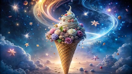 Wall Mural - a cosmic confection a whimsical dreamscape of flowers, stars, and a towering ice cream cone