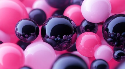Poster - Abstract background featuring 3D spheres in black and pink with varying sizes and transparency complemented by a pastel color palette