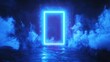 © VRVisionary - 3D render of an abstract esoteric background featuring a glowing rectangular portal blue neon lights virtual reality elements an energy source and a blank space with laser effects and fog