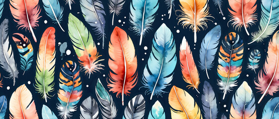 Wall Mural - Birds feather seamless pattern background watercolor style4