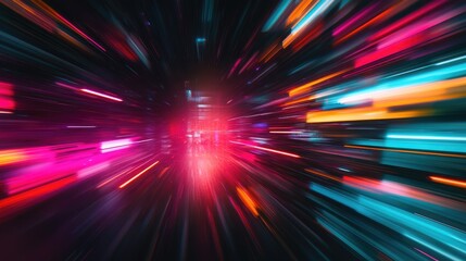 Poster - Abstract blurred background with vibrant light streaks depicting a futuristic scene of dynamic motion and technological speed