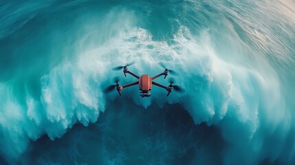 Poster - The drone hovers above the ocean, capturing stunning waves as they break against the shoreline, illuminated by the warm glow of sunset.