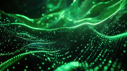 Poster - 3D render of an abstract background featuring flowing green neon lines Contemporary digital wallpaper with luminous streaming particles