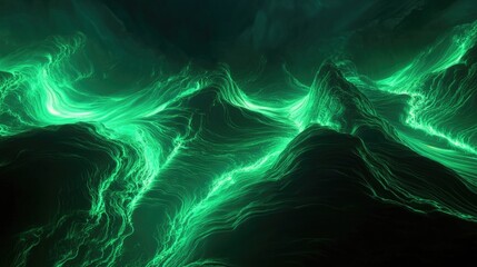 Poster - 3D render of an abstract background featuring flowing green neon lines Contemporary digital wallpaper with luminous streaming particles