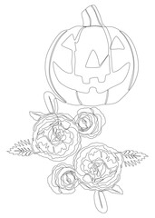 Poster - One continuous line of Jack O' Lantern with rose flowers. Thin Line Illustration vector concept. Contour Drawing Creative ideas.