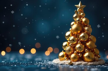 Abstract Christmas tree made of golden New Year balls with Christmas decorations on a dark background. Save copies.