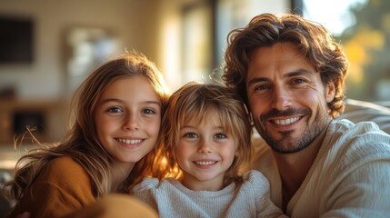 Wall Mural - A father poses with his two daughters, all smiling joyfully. They are indoors, illuminated by warm afternoon sunlight filtering through a window.