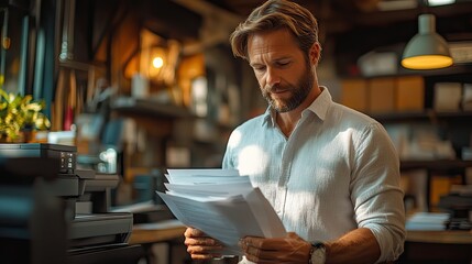 Poster - businessman in modern office setting prints important documents using multifunction laser printer highlighting the efficiency and necessity of office equipment in managing bureaucracy