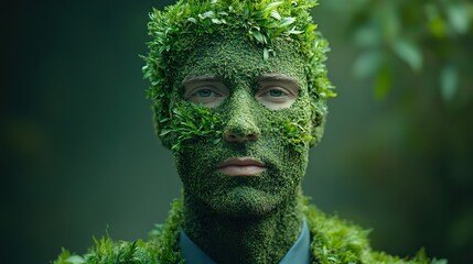 Poster - businessman in suit made from grass and moss symbolizing green jobs and sustainable business practices emphasizing nature friendly and ecological approach to modern business.stock image