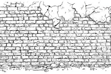 coloring book illustration of an old brick wall with peeling plaster showcasing renovation aspects o