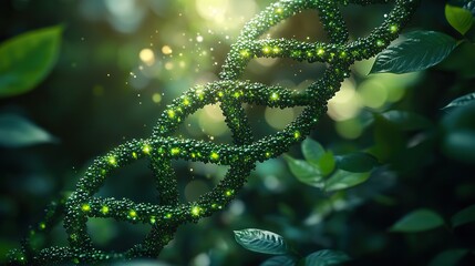 Poster - close up of dn helix intertwined with green leaves symbolizing the fusion of biotechnology and natur