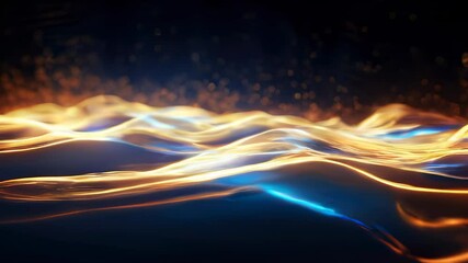 Poster - Abstract backdrop with flowing, glowing waves with golden and blue light trails, creating a dynamic, fluid, and futuristic scene.