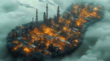 Poster - colossal human footprint impression filled with bustling industrial cityscape symbolizing the human impact on the environment.illustration