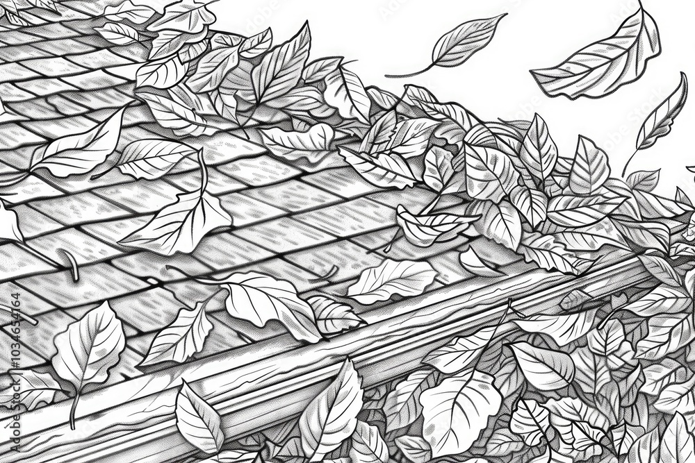 Coloring book illustration of autumn leaves covering a roof and ...