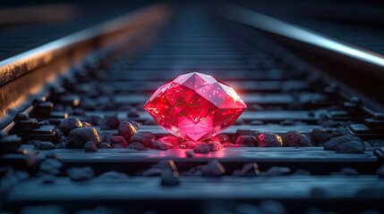 Poster - conceptual image depicting ruby on rails programming with red gemstone symbolizing ruby and train tr