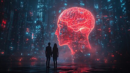 Fototapete - couple stands hand in hand facing large digital hologram of human head symbolizing futuristic virtua