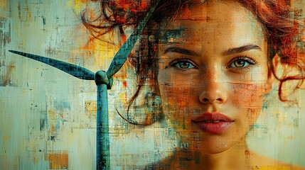 Poster - creative art collage featuring woman holding large green wind turbine symbolizing alternative energy production and sustainability.stock image