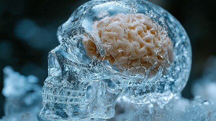 Poster - detailed frozen skull with visible brain encapsulated in ice symbolizing the concept of cryonics and the preservation of human life through advanced freezing technology.illustration