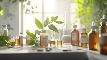 Wall Mural - laboratory experiment and research with leaf, oil and ingredient extract for natural beauty and organic skincare product the blank bottle for label ,bio science concept. 