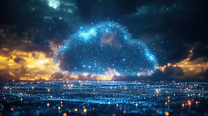 Poster - digital cloud floating in the sky symbolizing dat synchronization and cloud computing