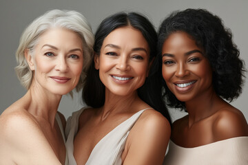 Wall Mural - three women of different ages and ethnicities, all with radiant, glowing skin.