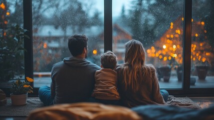 Poster - A family of three enjoys a cozy moment together by the window, watching the rain fall, while soft lights glow outside. The scene captures warmth and tranquility.
