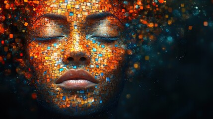 Poster - digital mosaic of female face made of glass symbolizing the dat science oriented programming language juli the image highlights the intersection of technology dat analysis and innovation.image