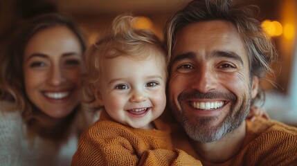 A cheerful moment showing a baby joyfully smiling in the arms of a father, with a mother beaming in the background, all sharing warmth in a cozy indoor setting.