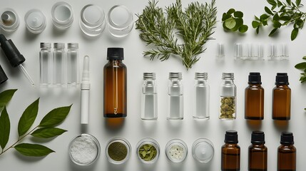 Wall Mural - laboratory experiment and research with leaf, oil and ingredient extract for natural beauty and organic skincare product the blank bottle for label ,bio science concept. 