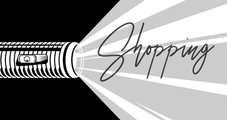 Poster - Flashlight illuminates Shopping text. Hand holding pocket LED electric lamp. Abstract animated video.
