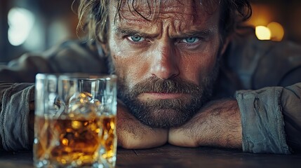 Poster - distressed man grappling with alcohol addiction his expression fraught with despair clutches glass of liquor symbolizing the struggle and pain of dependency.image