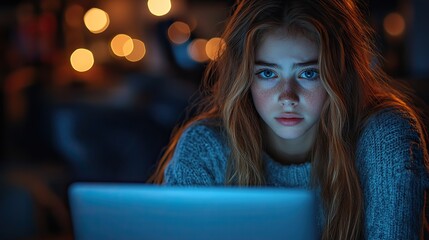Poster - distressed teenage girl sits in front of her computer visibly upset as she reads hurtful and bullying messages on her laptop screen reflecting the growing issue of cyberbullying among youth.image