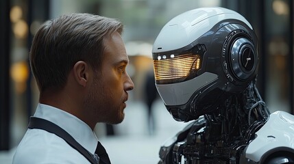 Poster - futuristic job interview scene featuring human candidate and an ai robot symbolizing the rise of automation and the potential for human replacement in the workforce.stock image