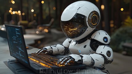 Poster - futuristic robot mascot designed with sleek metallic features is diligently typing text on modern computer.illustration
