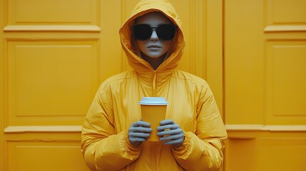 Poster - gen z style virtual influencer depicted from the torso up holding takeaway coffee cup against flat background the image showcases modern ai technology and influencer culture.illustration