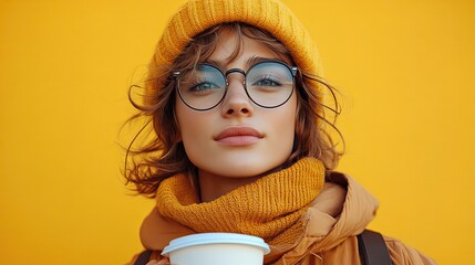 Poster - gen z style virtual influencer depicted from the torso up holding takeaway coffee cup against flat background the image showcases modern ai technology and influencer culture.image