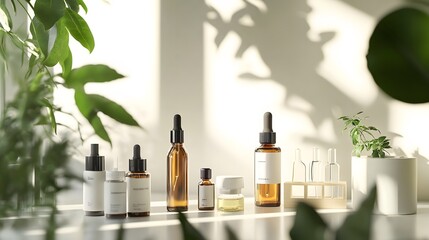 Wall Mural - laboratory experiment and research with leaf, oil and ingredient extract for natural beauty and organic skincare product the blank bottle for label ,bio science concept. 