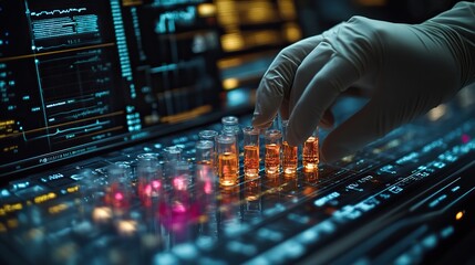 Fototapete - gloved hand handles vials on digital interface symbolizing precision medicine and advanced diagnostics.image