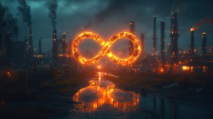 Poster - glowing infinity symbol in an industrial landscape symbolizing endless possibilities and energy.illustration