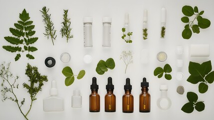 Wall Mural - laboratory experiment and research with leaf, oil and ingredient extract for natural beauty and organic skincare product the blank bottle for label ,bio science concept. 