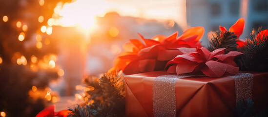 A Christmas tree with red bows on top of three white boxes. The boxes are wrapped in red ribbon and are placed on a sidewalk