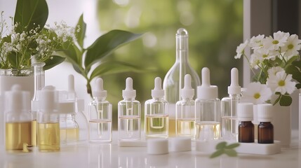 Wall Mural - laboratory experiment and research with leaf, oil and ingredient extract for natural beauty and organic skincare product the blank bottle for label ,bio science concept. 