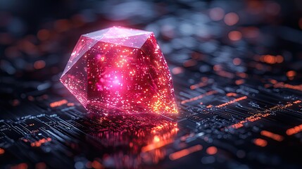 Wall Mural - glowing ruby stone symbolizes the ruby on rails programming language set against an abstract background of byte code representing the fusion of technology and innovation in web development