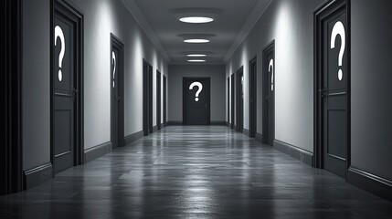Poster - hallway with multiple doors each marked with question mark symbolizing lifes choices and endless possibilities the image evokes curiosity and the uncertainty of decision making.illustration